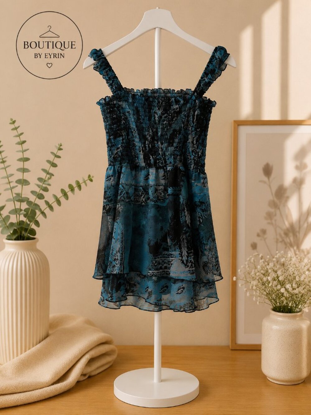 Violet & Claire Smocked Chiffon Babydoll Top – Blue & Black Print | Size Medium
